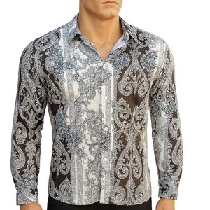 Boho Chic Baroque Paisley Floral Vintage Inspired Men's Button Up Dress Shirt XL